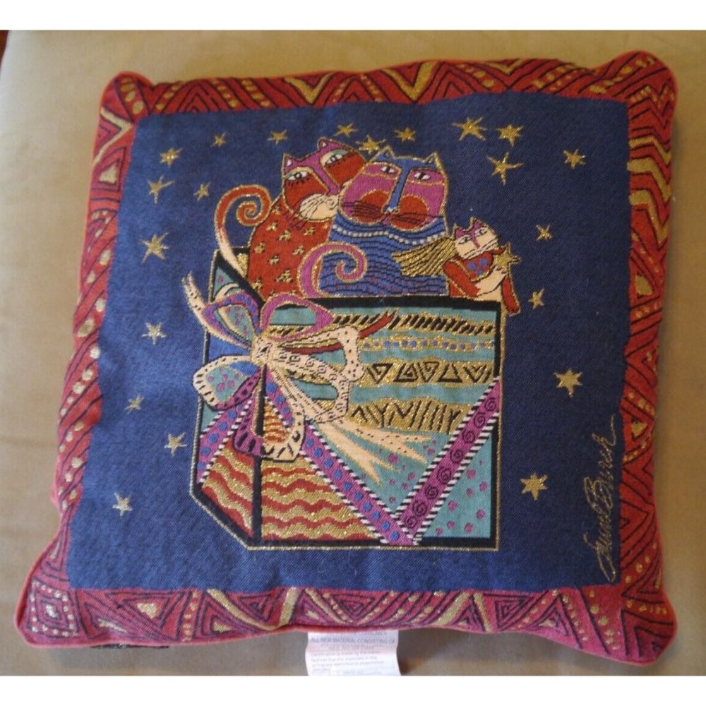 Laurel Burch Cat Feline Holiday Tapestry Accent Decorative Pillow 17" Square